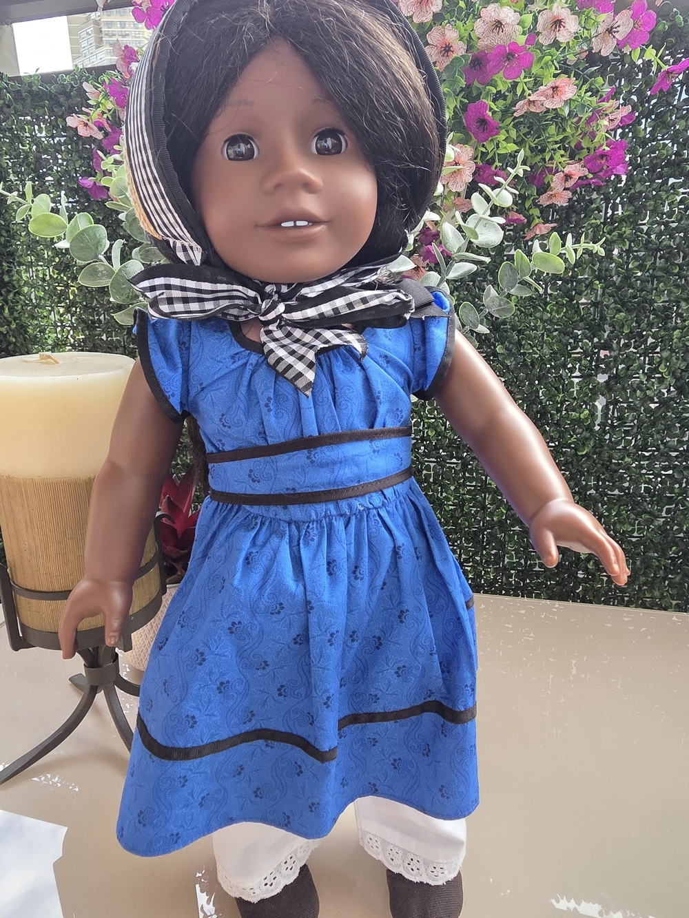 American Girl Blue Dress with Black Trim and Striped Bonnet